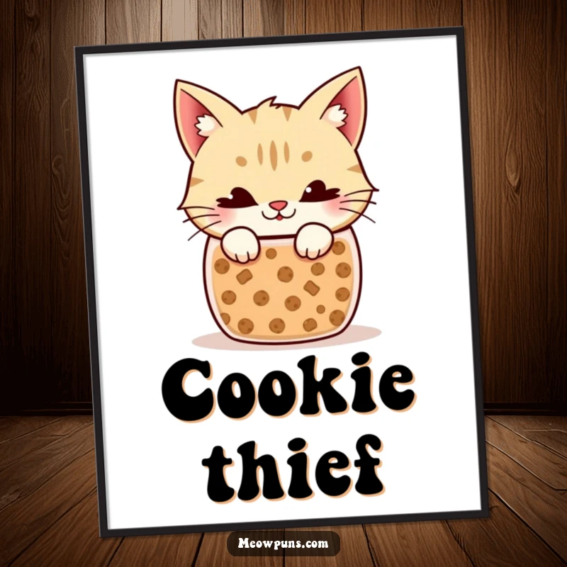Funny Cat Poster: Whimsical artwork of a cat with a sly grin peeking tantalizingly from a cookie jar.
