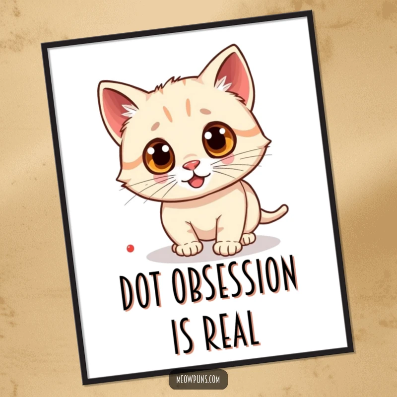 Funny cat poster showcasing a cat with comically large, rolling googly eyes, intensely pursuing a tiny laser pointer dot.