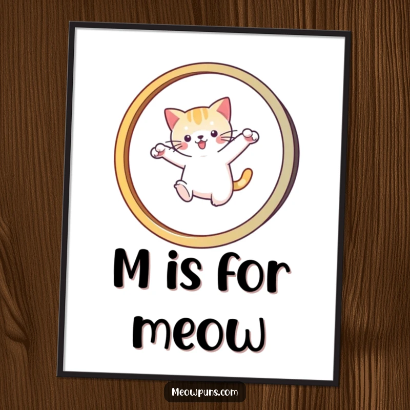 Funny poster of a cat leaping through a stylized 'M' hoop, showcasing dynamic action and feline acrobatics.