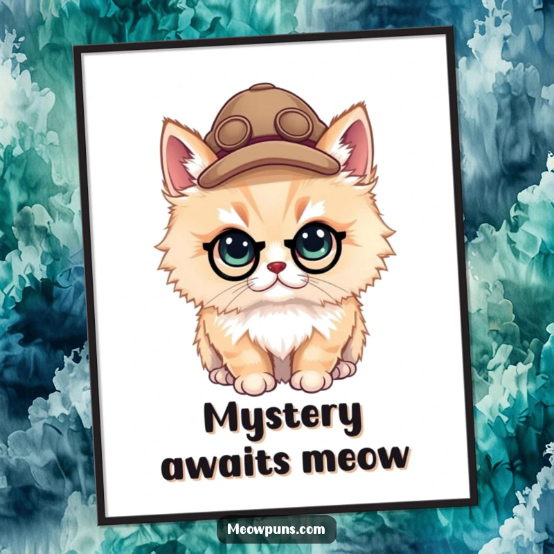 Funny fluffy cat in a detective hat displayed on a poster, ideal for adding a hint of mystery to walls.