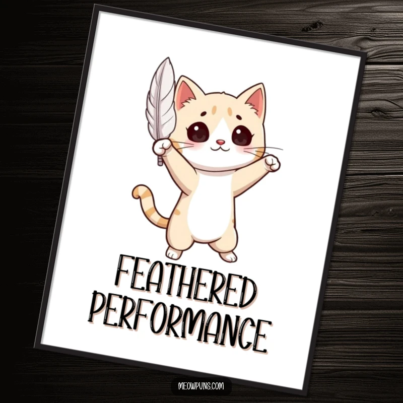 Funny Cat Poster: Elegant artwork of a cat striking a dramatic pose, with a single feather suspended ethereally mid-air.