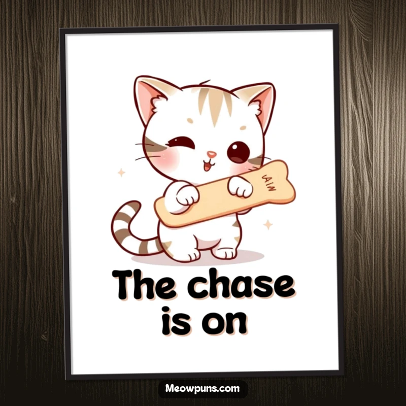 Funny poster showcasing a cute cat character leaping with all its might towards a dangling fishbone, a humorous depiction of feline focus and desire.