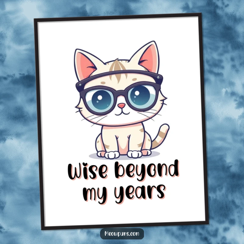 Funny poster showcasing a cute cat character with oversized reading glasses, looking wise and ready to absorb information with feline grace.