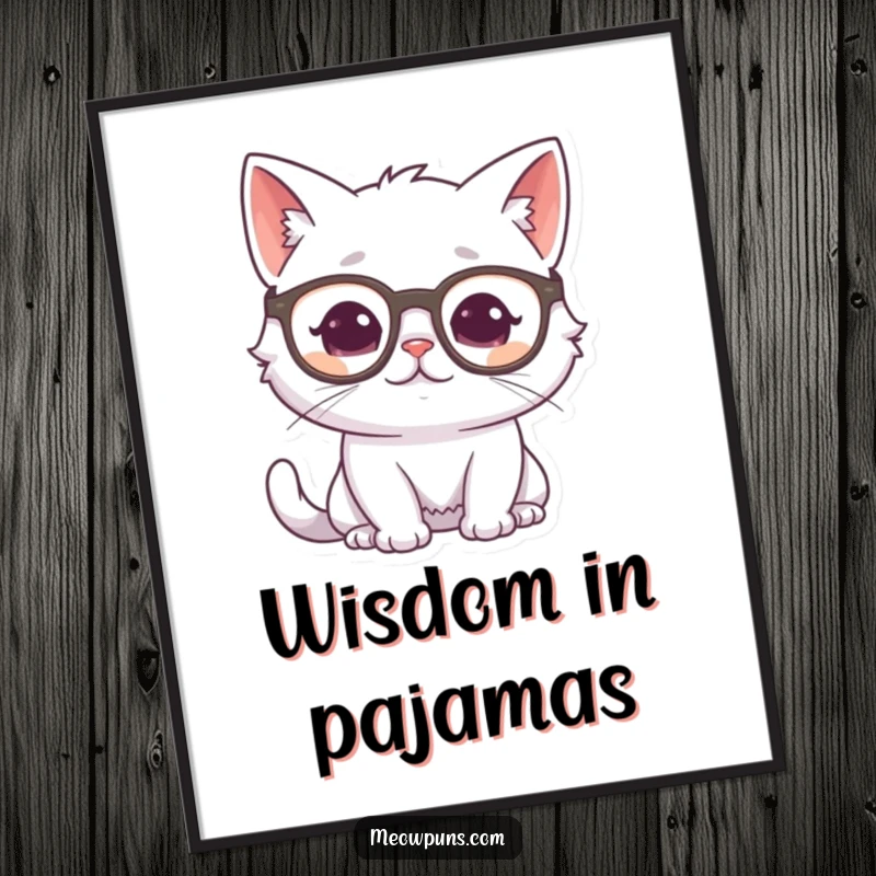 Funny white cat character wearing glasses, looking thoughtful and wise, presented as a humorous poster for intellectual decor.