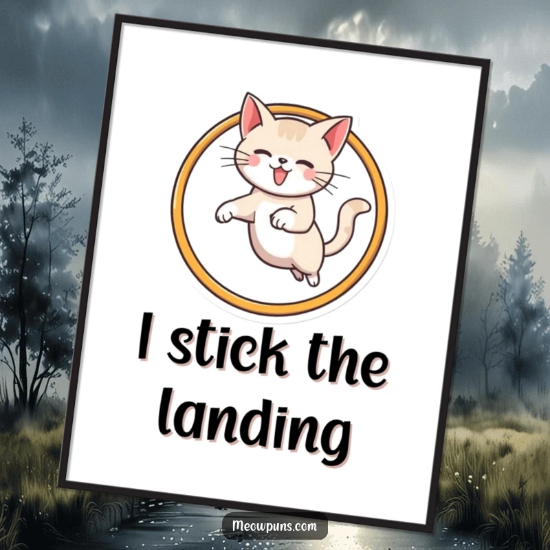 Funny cat poster illustrating a cat performing an acrobatic leap through a stylized M hoop, bringing dynamic energy to any wall.