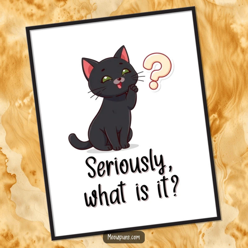 Funny black cat playfully batting at a floating question mark, presented as a humorous poster for intriguing wall decor.