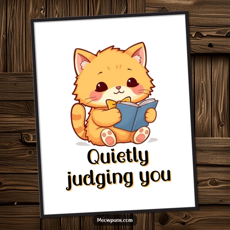 Funny orange cat character wearing a bowtie, sitting upright and reading a book, presented as a humorous poster for wall decoration.