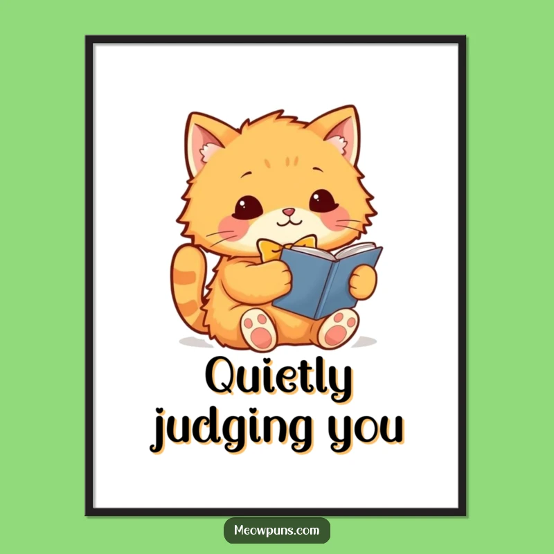 Funny Cat Reading Poster: Adorable Orange Cat with Bowtie, Whimsical Wall Art Gift