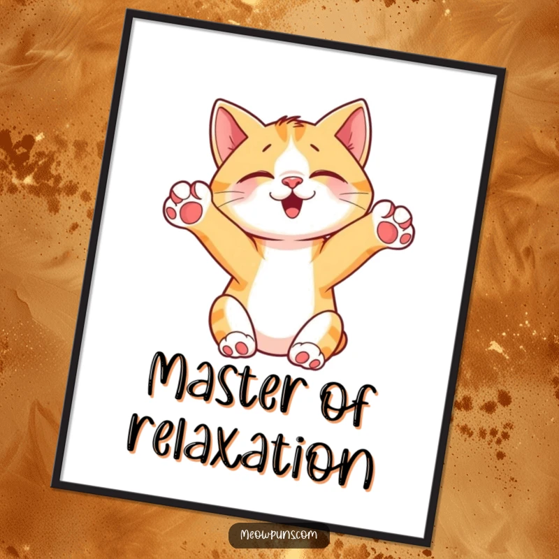 Funny Cat Stretching Poster, illustrating a cute cat in a full stretch with paws raised, adding humor and charm to wall decor.