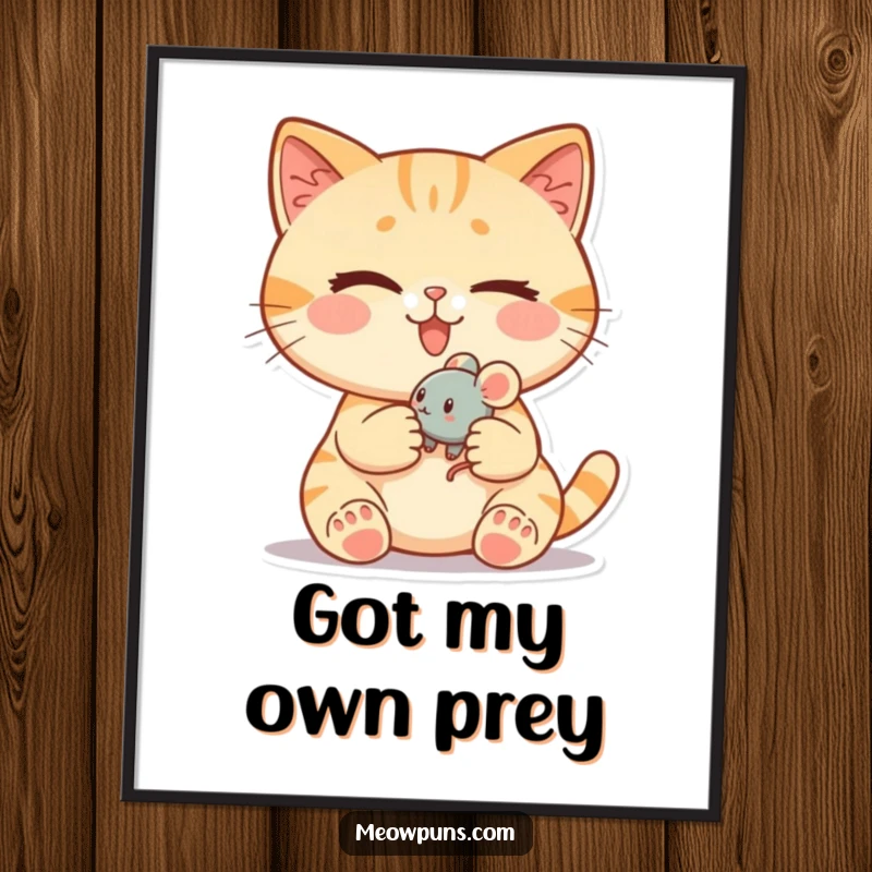 Funny cat poster featuring a cute cat winking mischievously while holding a tiny, rolling toy mouse, adding playful art.