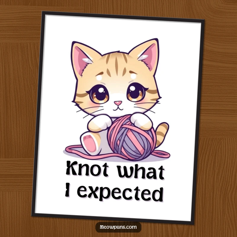Funny cat poster featuring a cute cat with wide, mesmerized eyes gazing at a large ball of yarn, adding humor.