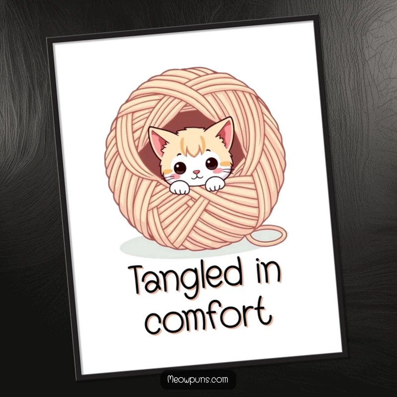 Funny poster print of a cute cat character peeking from a large yarn ball, adding playful charm to home decor.