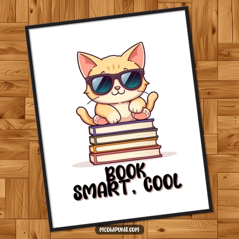 Funny poster showing a cool cat wearing sunglasses, relaxed on books, perfect for adding calm and stylish art.