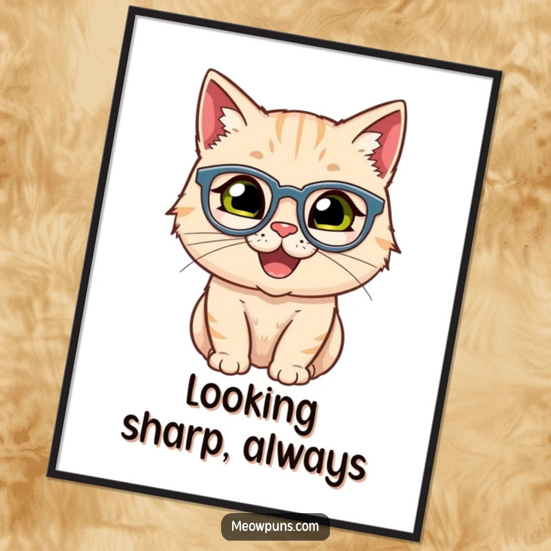 Funny poster of a happy cat wearing small glasses, ideal for adding intelligent and humorous wall decor.