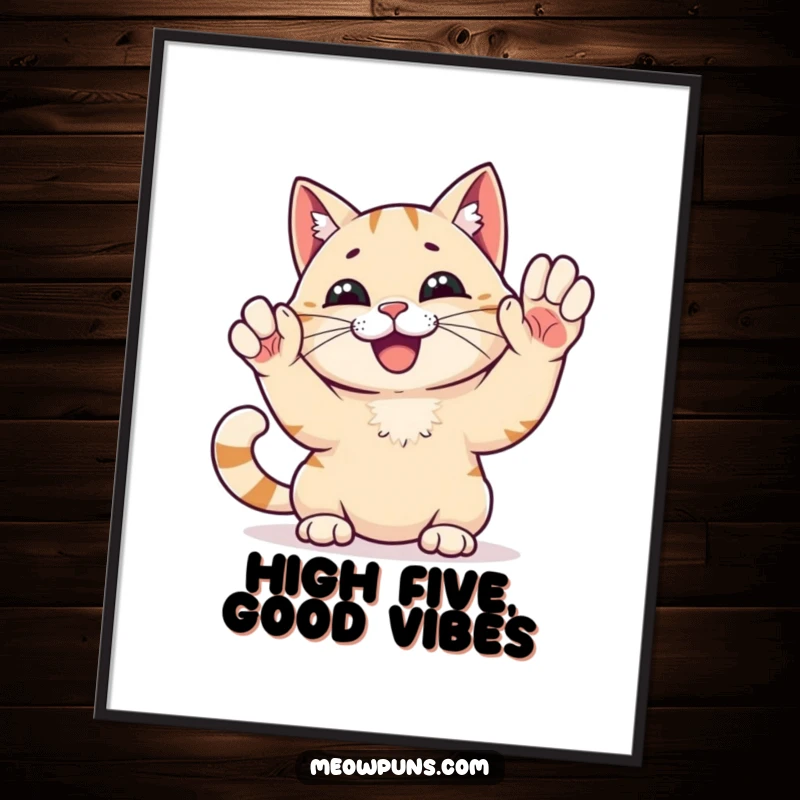 Funny High Five Cat Poster: A happy cat gives a high five, a funny and motivational piece of art.