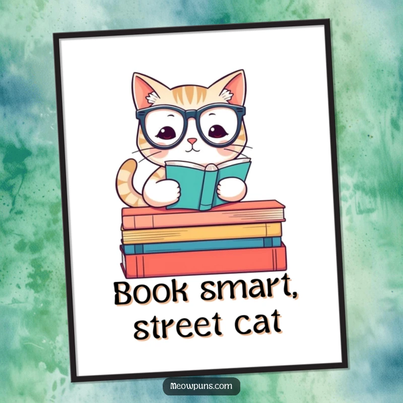 Funny poster print of a cute cat wearing reading glasses, perched on books, exuding a scholarly and humorous vibe.