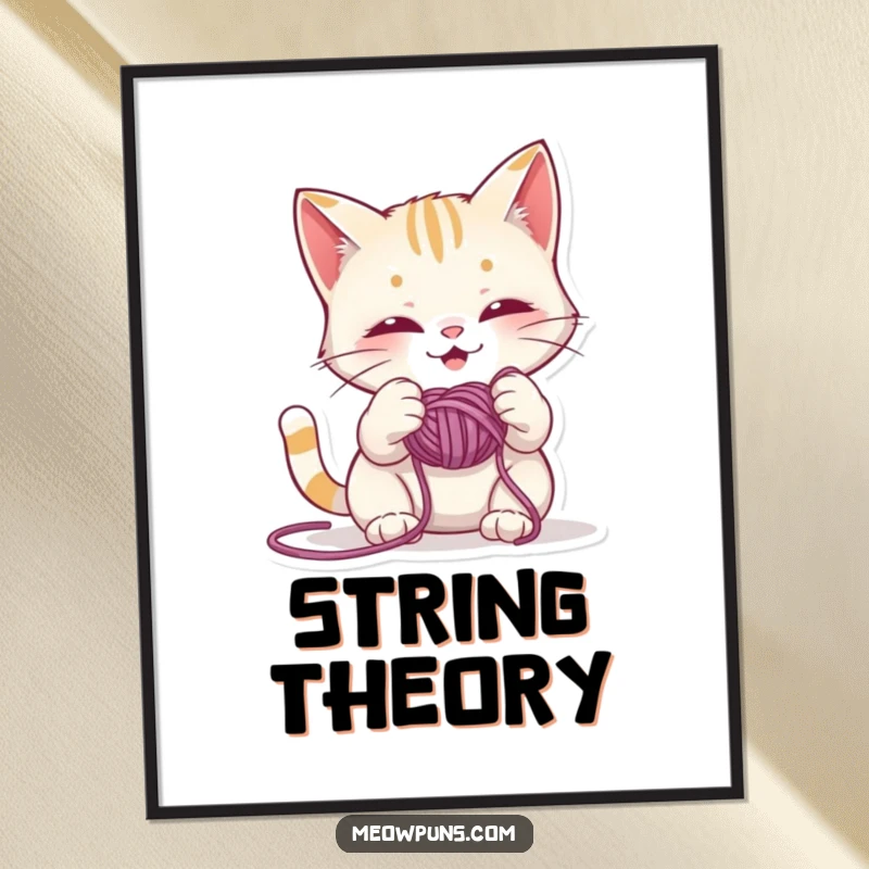 Funny poster art of a mischievous cat playfully entangled with a ball of yarn, adding a touch of whimsical humor to any space.