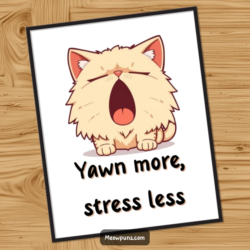 Funny Persian Cat Poster, a sleepy Persian cat yawns widely with a pun, adding humorous wall art.