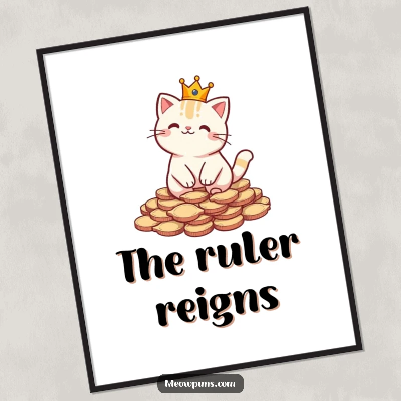 Funny poster featuring a cat in a tiny crown sitting on a pile of fish-shaped coins, a humorous depiction of feline royalty.