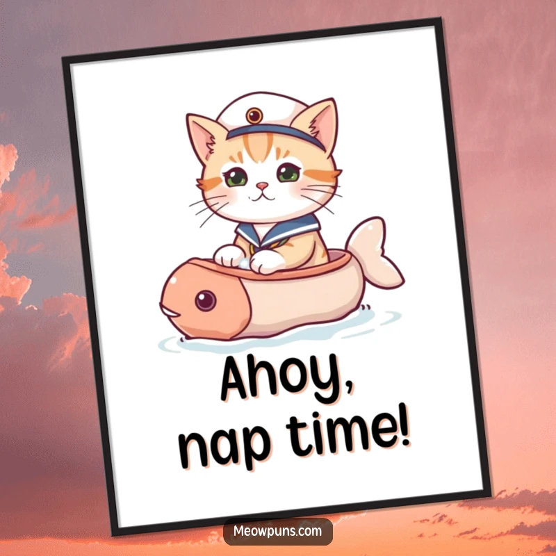 Funny cat poster showing a cat in a sailor hat navigating the seas on a whimsical fish-shaped boat.