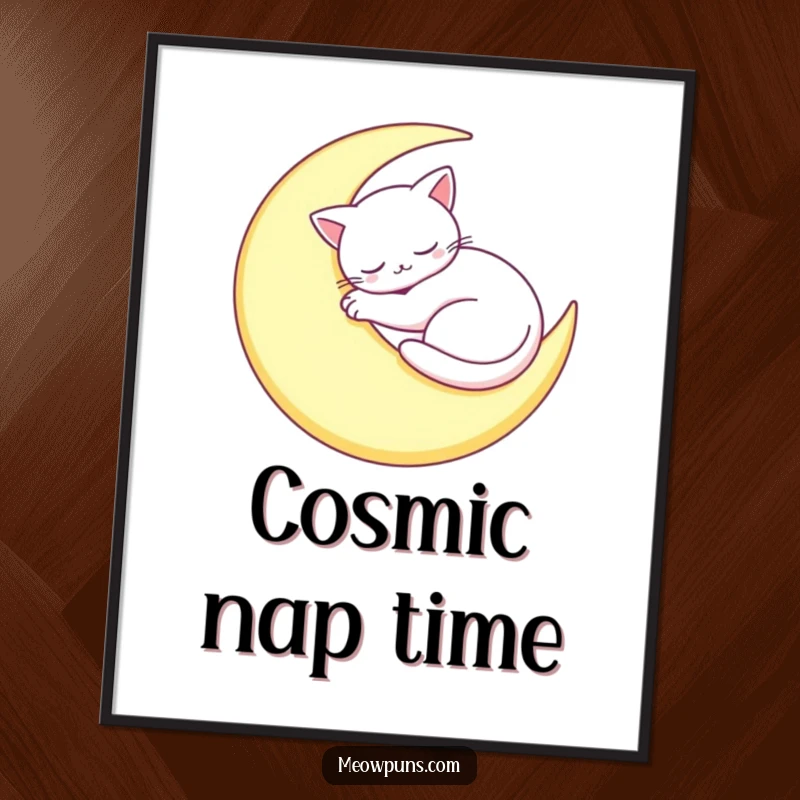 Funny Sleepy Cat Moon Poster: A cat is curled asleep on a moon, a funny and calming piece of art.