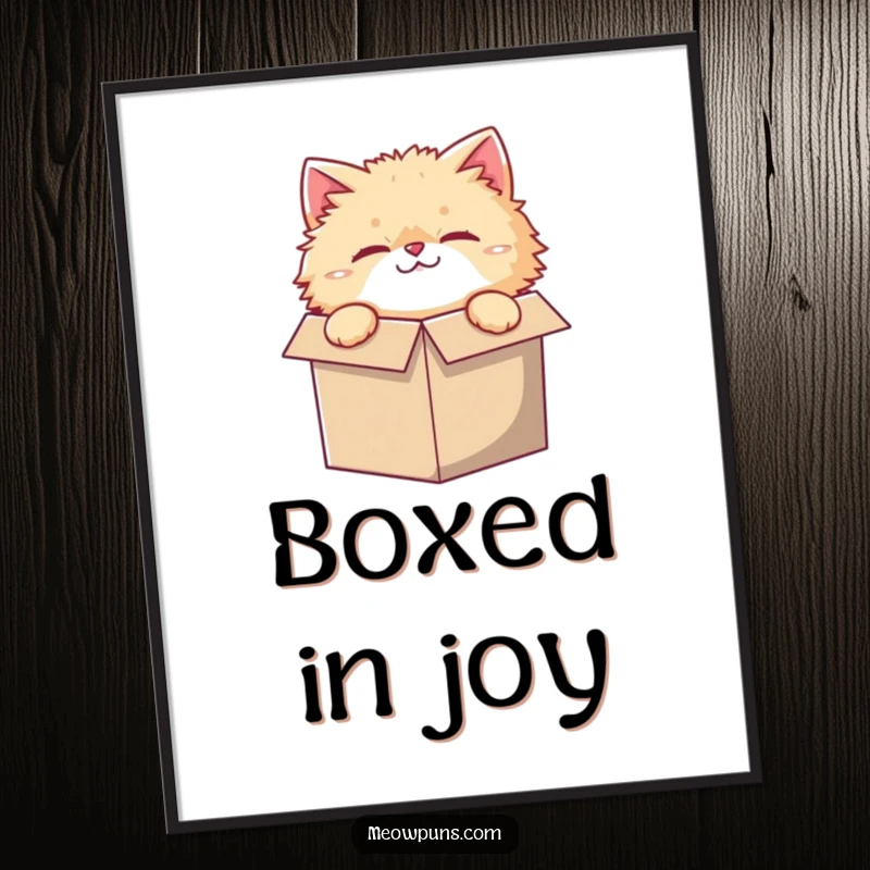 Funny poster art of a fluffy cat character, curiously peeking from a ridiculously small box, a humorous piece.