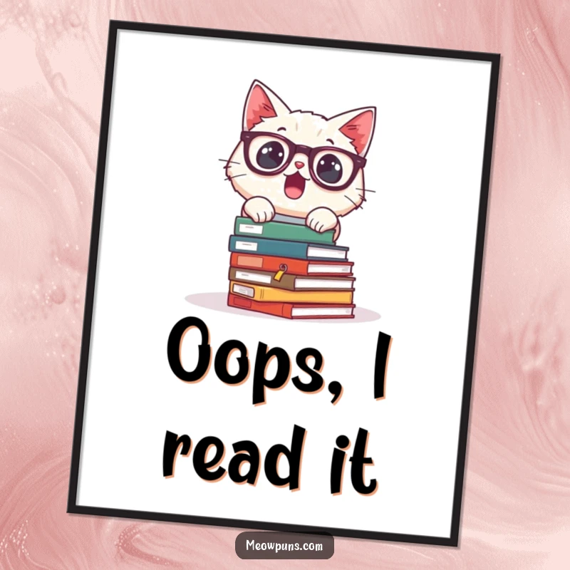 Funny poster featuring a surprised cat wearing glasses and tumbling books, bringing humorous academic chaos to walls.