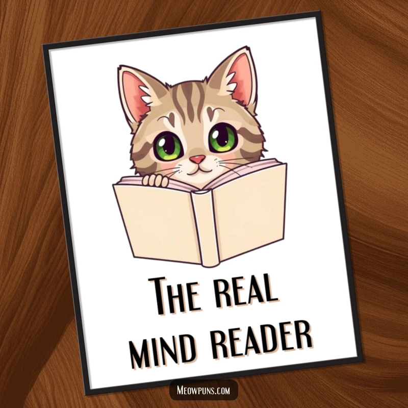 Funny Tabby Cat Poster, a curious tabby cat peeks from behind a dictionary, creating intellectual and humorous wall art.