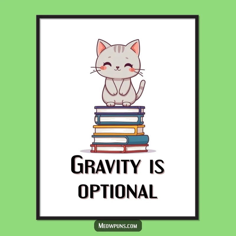 Funny Cat Books Poster: Grey Cat Balancing Art, Whimsical Wall Decor Gift