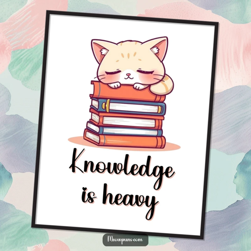 Funny poster art of a sleepy cat character taking a well-deserved nap on a stack of books, bringing cozy vibes and humor to decor.