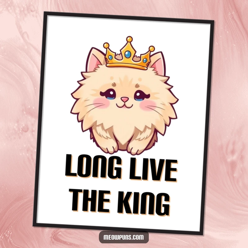 Funny fluffy cat character wearing a crown, displayed as majestic and humorous wall art on this poster.