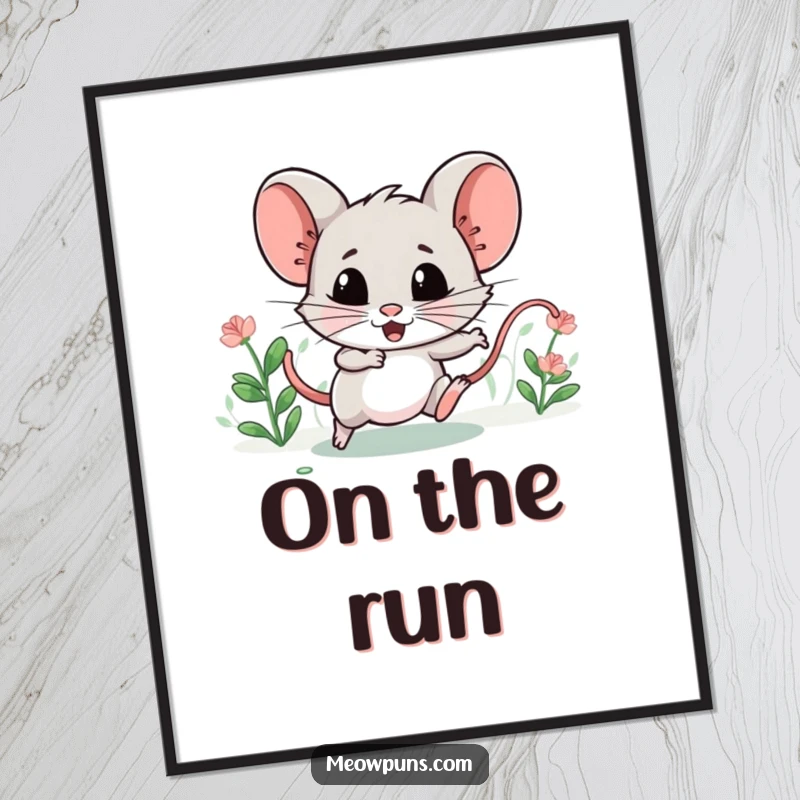 Funny poster art of a mischievous catnip mouse character, leading a tiny chase, a playful and humorous wall decoration.