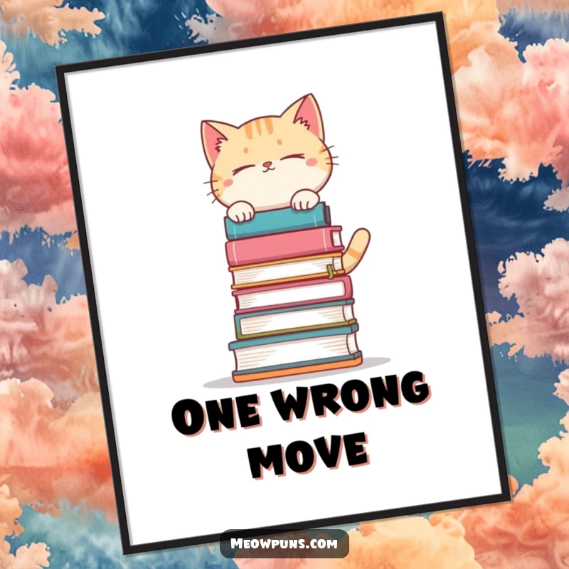 Funny cat wobbling with a towering stack of books on a poster, adding whimsical literary decor.