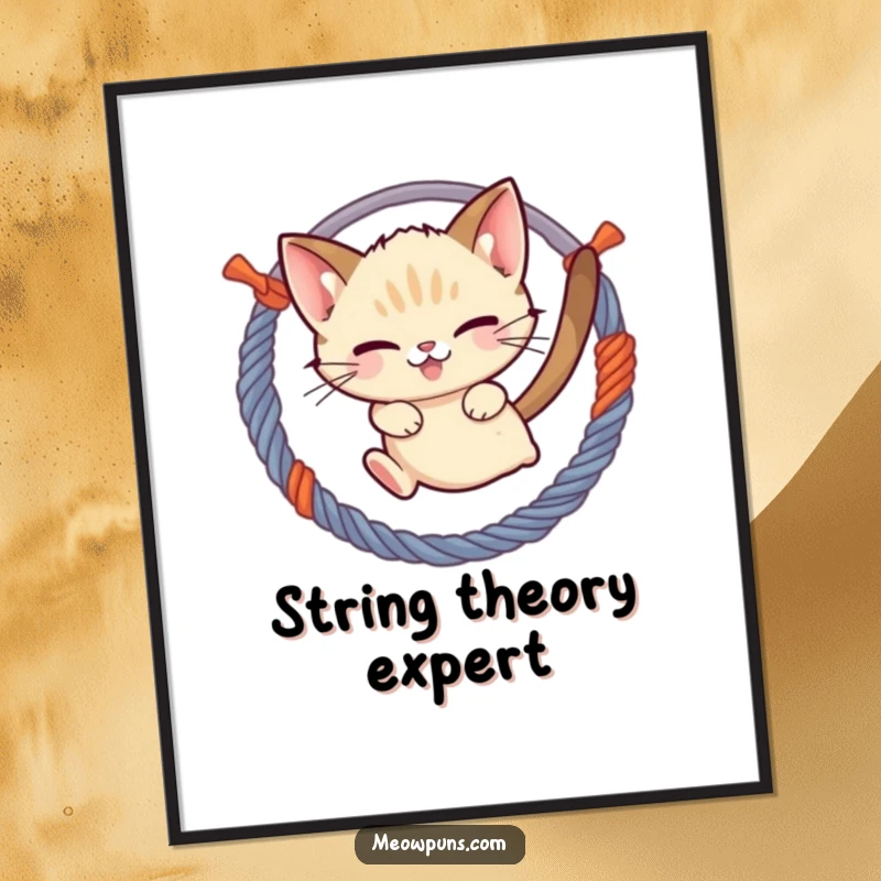Funny mischievous Siamese cat character jumping through a hoop of yarn, presented as a humorous poster for dynamic wall decor.