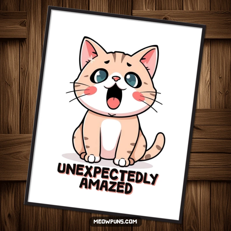 Funny Astonished Cat Poster: A cat looks shocked beside a giant exclamation mark, a funny and expressive art piece.
