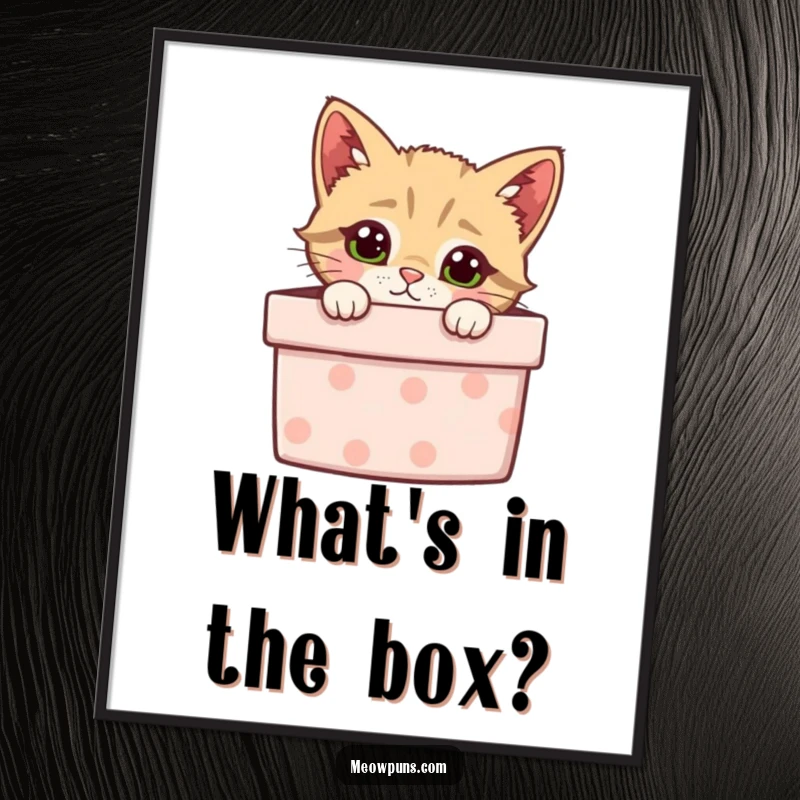 Funny poster of a curious cat peeking out of a gift box, ideal for adding humorous wall decor.