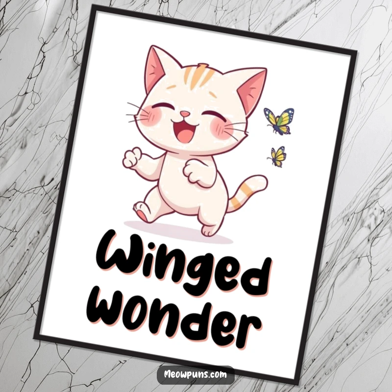 Funny cat poster capturing a cute cat's joyful leap towards a small, animated butterfly, bringing vibrant energy to walls.