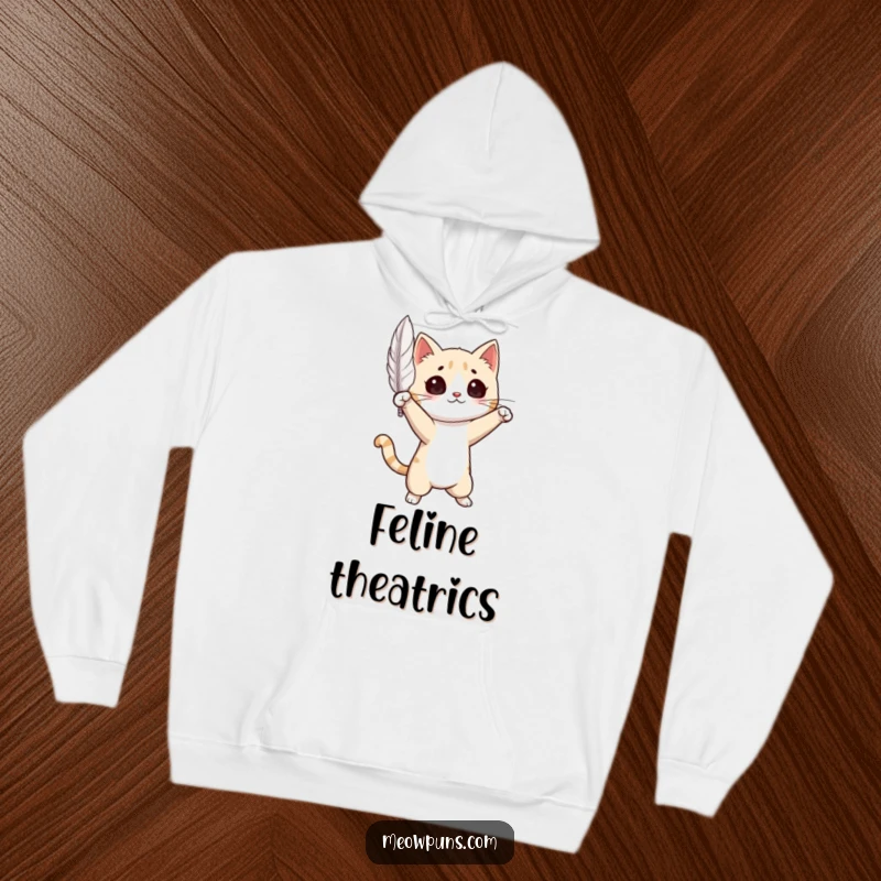 Funny Cat Hoodie: Soft, warm hoodie featuring a graceful cat in a dramatic pose with a floating feather, ideal for comfort and style.
