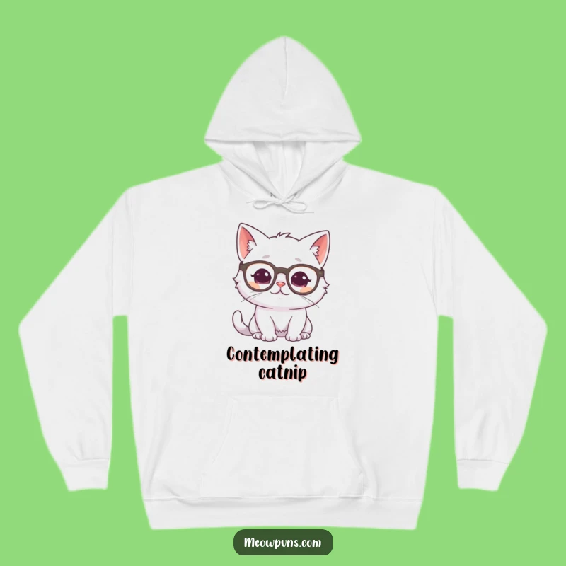 Funny Cat Glasses Hoodie: White Cat Thinking Sweatshirt, Cozy Intellectual Gift