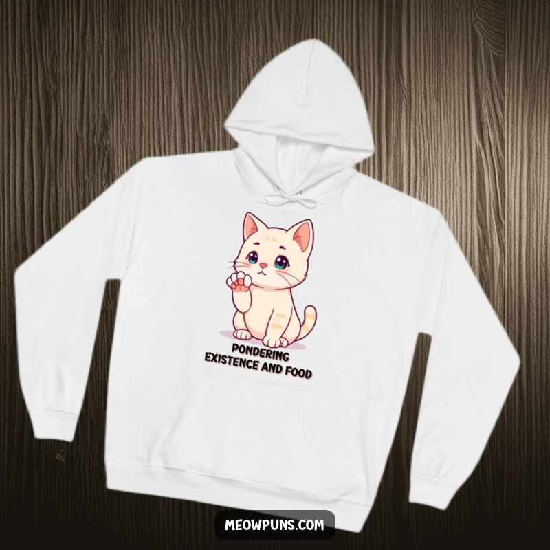 Funny hoodie depicting a cat in a profound thinking pose, paw near its chin, contemplating deeply.