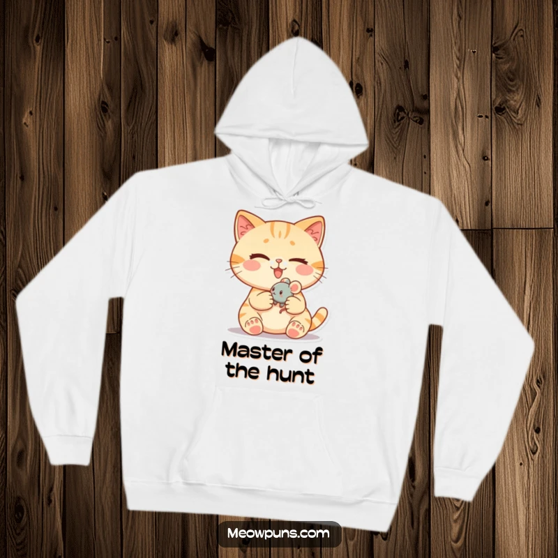 Funny cat hoodie featuring a cute cat winking playfully while holding a tiny, rolling toy mouse, perfect for cozy wear.