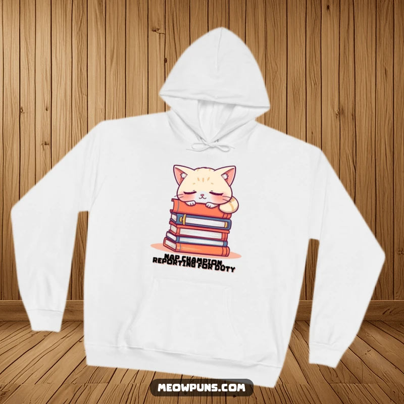 Funny hoodie showcasing a tired cat character snoozing soundly on a pile of books, perfect for quiet, cozy moments and a humorous statement.