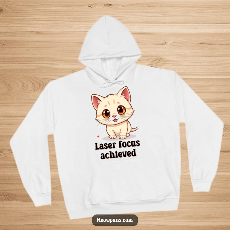 Funny cat hoodie with exaggerated googly eyes, showing a cat in frantic pursuit of a bright red laser pointer dot.