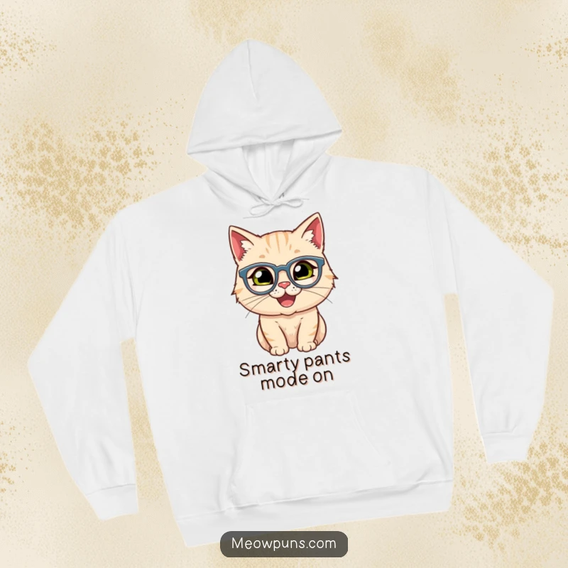 Funny hoodie depicting a happy cat wearing tiny spectacles, offering warmth and intellectual humor.