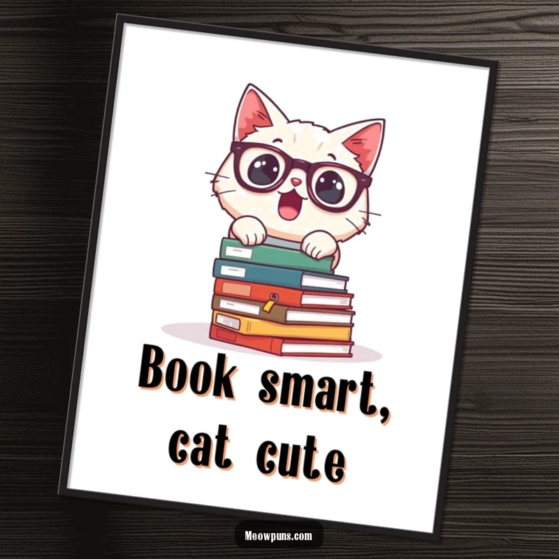 Funny Free Printable Wall Art: A surprised cat wearing glasses watches a stack of books tumble down.