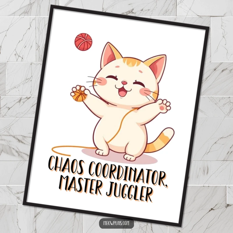 Funny Free Printable Wall Art: An energetic cat joyfully juggling a pile of tiny yarn balls, whimsical downloadable art.