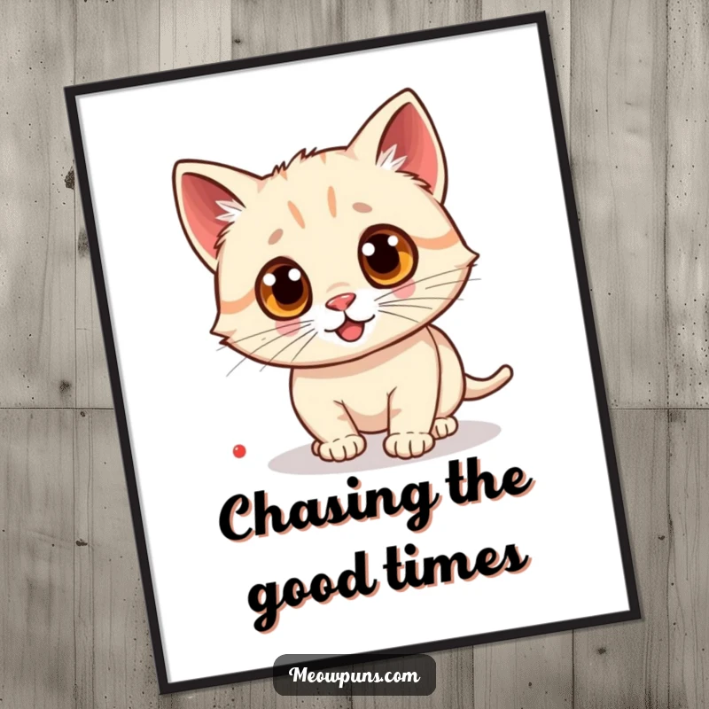 Funny Free Printable Wall Art: Googly-eyed cat with dilated pupils crazily chasing a small red laser dot.