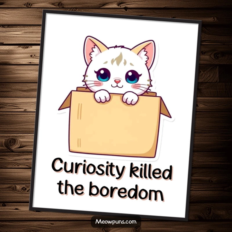 Funny Free Printable Wall Art: Curious cat character peeking inquisitively from inside a cardboard box.