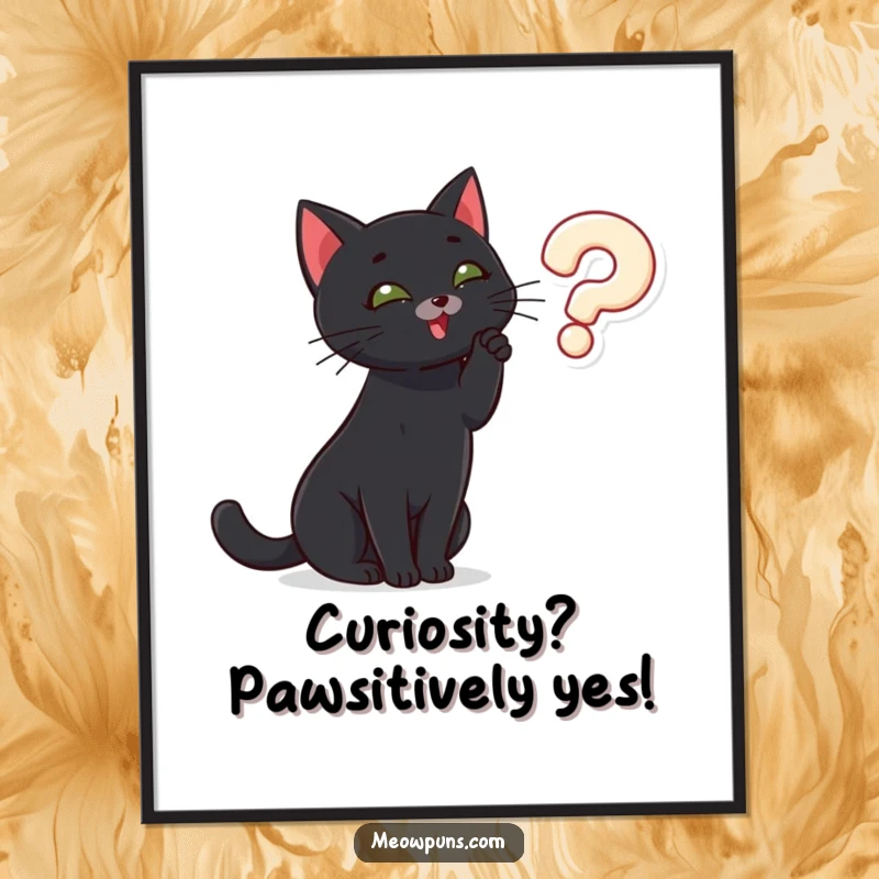 Funny Free Printable Wall Art: Playful black cat batting at a floating question mark, adding a touch of mystery.