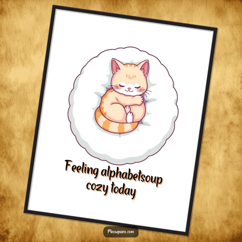 Funny Free Printable Wall Art: Cat peacefully curled on a giant plush letter, radiating comfort and relaxation, home decor.